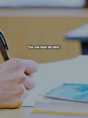 Close-up shot of a hand writing on a piece of paper with a pen. The background is blurred, but appears to be a wall. In the foreground, a hand holding a pen above a white paper on top a stack of papers, and a blue document. Text overlay indicates a place where a viewer can “beat” the creator.