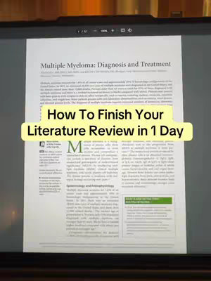 The cover image shows a document with the title 'Multiple Myeloma: Diagnosis and Treatment'. A yellow banner overlay highlights the text 'How To Finish Your Literature Review in 1 Day'. The document is on a monitor, reflecting the surrounding environment.