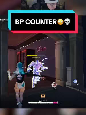 The cover image is a screenshot from a video game, displaying a first-person perspective within a hallway. The game's HUD includes health and status bars at the bottom, indicating the player's resources. In the foreground, two characters are visible: one, a character with a futuristic costume and a glow, and a second character with blue hair and a similar costume, running towards the left. The hallway is lit by red and white lights, and the walls are decorated with a sign that says "Silence”. The overlay text in a black box reads “BP COUNTER 😳💀". Additionally, there is what seems an expression of a person looking over the scene.