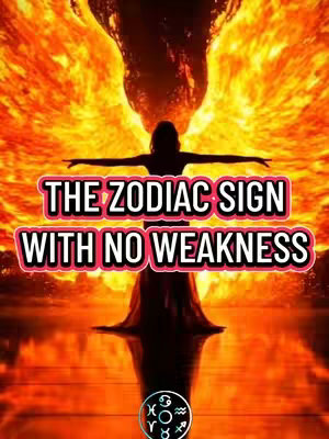 The cover image features a silhouetted figure with outstretched arms against a fiery background. The figure is standing in front of a large, abstract, and blurred shape that resembles an explosion with red, orange, and yellow colors. Below the figure, there is an illuminated, circular graphic with astrological symbols, and overlaid text stating "THE ZODIAC SIGN WITH NO WEAKNESS."