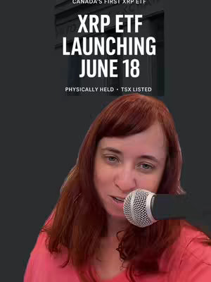 The image features a woman with red hair facing forward, speaking into a microphone. Behind her is a dark background with text overlay that reads "XRP ETF LAUNCHING JUNE 18". The woman is wearing a pink shirt against a dark background that gives a studio effect.