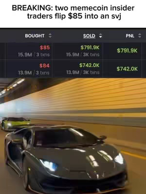 The image shows two luxury cars driving through a tunnel with financial data overlaid. At the top, text states, 'BREAKING: two memecoin insider traders flip $85 into an svj.' Below, a table displays financial metrics, including 'BOUGHT' and 'SOLD' values. The background shows the tunnel with bright lighting, emphasizing the cars.