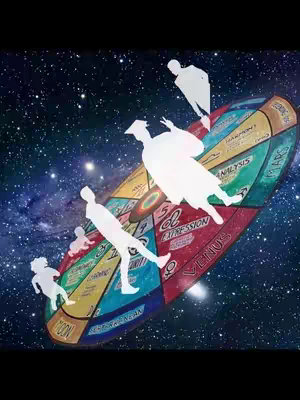 The cover image depicts a stylized infographic set against a starry space background. A large, oval-shaped wheel resembling a zodiac chart takes center stage, divided into colorful segments with text labels. Several white, silhouette figures appear to be walking or interacting with sections of the wheel, adding a dynamic element to the composition.