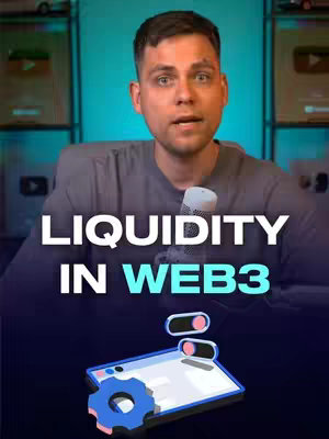 The cover image features a man in the center, looking directly at the camera while holding a microphone. Below him, superimposed, is the text "LIQUIDITY IN WEB3" in large, bold, white letters, with a blue and purple gradient background. In the bottom-center of the image, there is a graphic of what looks like a smartphone screen with toggles and a gear icon. The overall composition is modern and informative, using a dark, technology-focused color palette. The background displays gold-colored YouTube play buttons.