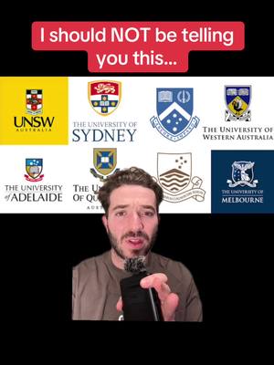 The cover image features a man in the foreground, slightly below the center, looking directly at the viewer and speaking while holding a black phone. Above him, on a yellow row, are the logos of UNSW, and the University of Sydney. Below them, is the logo of the University of Adelaide. Above the man's head, in a red banner, is the text overlay: "I should NOT be telling you this..." The background is black.