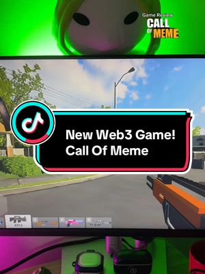 The cover image displays a screenshot of a browser-based shooter game on a monitor. Overlaid on the screen is a banner saying "New Web3 Game! Call Of Meme" with a TikTok logo. In the background of the monitor is a green fuzzy face.