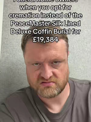 A medium shot features a man with a slightly disgruntled expression, the upper portion of his head. The background appears plain and gray. The man has short, light brown hair and a full beard of a similar color. He is wearing a gray t-shirt. His face is slightly scrunched up, and his brow is furrowed. Above him, text is overlaid in a simple black font.