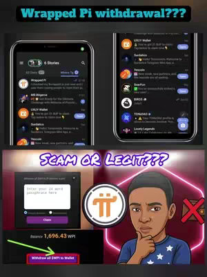 The cover image is a composite image split into three main sections. At the top, there is a horizontal banner with the text 'Wrapped Pi withdrawal???'. Below this, two screenshots of phone interfaces are shown side by side. The left phone displays a message interface within a social media app. The right phone appears to be a different interface but also shows a social media context. At the bottom, the image features a screenshot of a cryptocurrency wallet interface. Besides the interface an avatar of a man is shown with a confused expression. The artwork style is of a cartoon or animated nature.