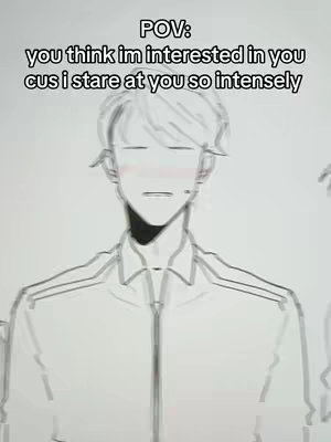 A black and white line drawing of a person with closed eyes and blushed cheeks. Text overlays the image, indicating it is a "POV," and the text is positioned at the top, describing the scenario.