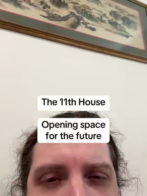 The cover image shows a man from the chest up. He is looking directly at the camera. Above the man's head are two white rectangles, each containing text: 'The 11th House' and 'Opening space for the future'. The background is a white wall with a framed image hanging on it.