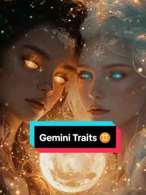 An artistic image features two stylized female figures merged to create a central image. One figure is depicted with dark features and golden eyes, while the other has pale skin and light blue eyes. The focal point is a central, illuminated orb, with overlaid text that reads "Gemini Traits".