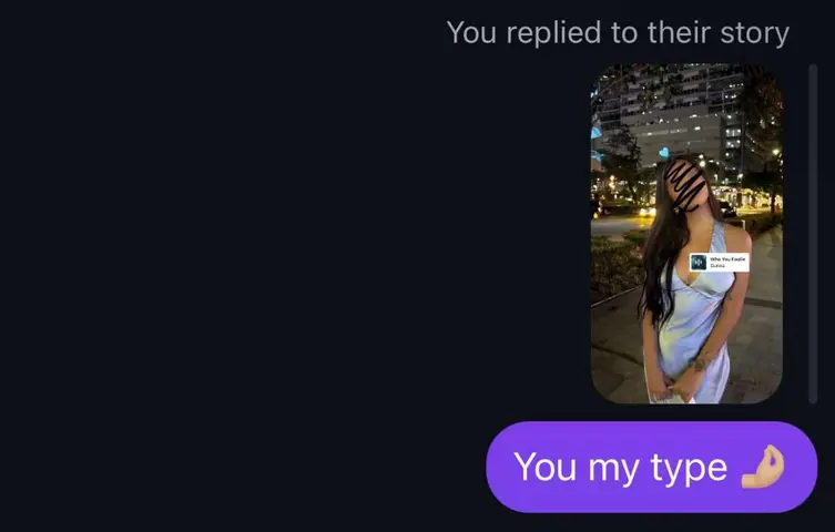 The image appears to be a screenshot of a chat conversation on a mobile device. On the left side, a dark purple background is present. On the right, a user is seen on screen, with their face obscured, and a glimpse of their outdoor surroundings. At the bottom, a dialogue bubble in purple displays the text "You my type," with a hand emoji.