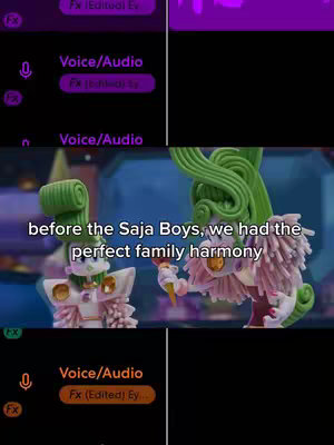The image is a split screen showing two animated trolls in a colorful setting that looks like a still from an animated movie. Additional UI graphics are on the top and bottom in purples. Overlayed over the bottom portion of the scene is the hook text, and along the side are the voice/audio controls.
