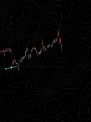 A dark background with a wavy, topographic pattern. Overlayed on top is a line graph representing stock market data. The graph shows fluctuations over time, using green and red lines.