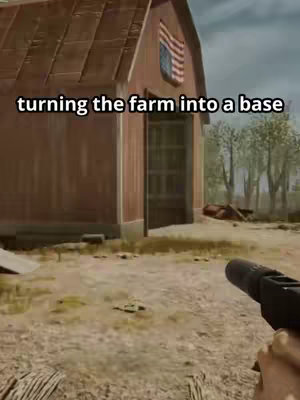 A first-person view of a dilapidated barn, with an American flag visible, the creator is holding a gun with text overlay: 'turning the farm into a base.'