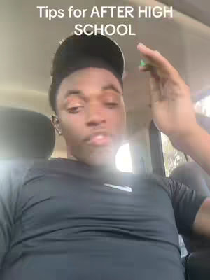 A young man wearing a black cap and shirt is seated in what looks like a car. Overlaid at the top is text about tips for after high school.
