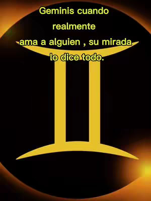 The cover image is a dark background with a golden Gemini symbol at the center. Overlaid on top is text in yellow, describing Geminis in love. The overall aesthetic is simple, focusing on the astrological symbol.