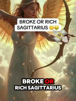 A visually stunning, digitally created image featuring a woman with large, golden angel wings, set against a backdrop of soft, glowing clouds. She is depicted as an archer, drawing back a bow, and the arrow is replaced with a trail of money. Overlay text at the top reads “BROKE OR RICH SAGITTARIUS”. A second text overlay appears at the bottom saying the same, “BROKE OR RICH SAGITTARIUS”.