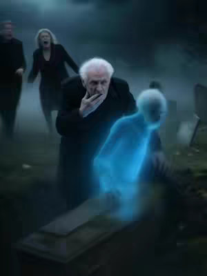 A somber, possibly digital artwork depicting a graveyard scene. The foreground shows a casket with a glowing, bluish figure of a soul rising above it. A man in a black coat is leaning forward, staring intently. Behind him, two figures, a woman in dark clothing and another man, appear to be running or reacting with fear or shock. The background is a foggy, desaturated landscape with headstones, suggesting a late evening or overcast day.