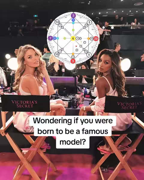 Two women are seated in director's chairs with "Victoria's Secret" branded on them, with the background being a backstage setting and a numerology chart hovering above them. Text overlay asks if the viewer was born to be a famous model.