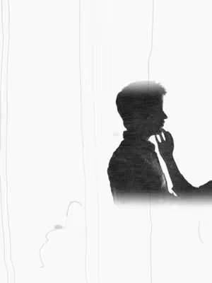 A black and white image with a light background and a silhouette of a figure on the right side. The figure is of a man in profile, with his hand touching his face. Vertical lines create a textured effect across the image.