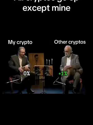 The image contrasts two men sitting on stage. On the left, a man in a suit sits with a drum, labeled 'My crypto' with a '0%' displayed. On the right, a man in a suit and wearing glasses sits labeled 'Other cryptos' with a '+1%' next to him. The men are positioned as if in a musical performance, and the background is dark with visible stage elements.