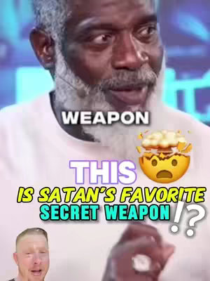 The cover image features a split-screen approach. The upper portion shows a close-up of a Black man with a white beard and a white t-shirt looking towards the right, and below his face. The text bubble overlay is placed over the background in the upper half of the face of the Black man and it contains the text 'THIS IS SATAN’S FAVORITE SECRET WEAPON!?'. Below it, on the bottom left, is a face close-up of a white male. The background is plain and the overall composition is simple.