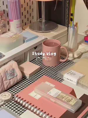 A tidy desk setup with study supplies and accessories. A pink mug with text sits on a checkered mat, next to a notebook, pens, and a pink pencil case. Other items include a lamp, sticky notes, and a clear pencil case.