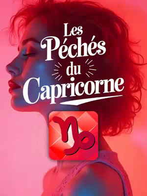 The cover image features a woman in profile, her face partially obscured, with a dramatic red and pink color gradient. Text overlays include 'Les Péchés du Capricorne' in a stylized white font and a small Capricorn symbol graphic. The overall composition is striking, with a focus on artistic design.