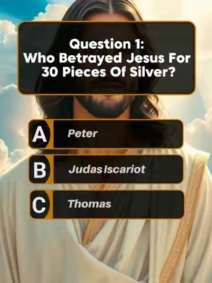 The cover image features a stylized depiction of Jesus Christ. He is centrally positioned, clad in white robes, with a soft, slightly blurred background of clouds and a gradient sky. Overlaid on the image is a quiz question and three answer options, formatted in black boxes with white text. The overall composition is designed to capture attention with its religious imagery and interactive quiz format.
