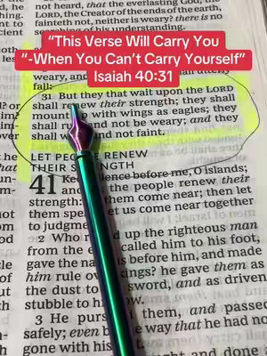 The image displays an open Bible with a verse highlighted in yellow, a pen or calligraphy pen, and text overlay on an open bible.