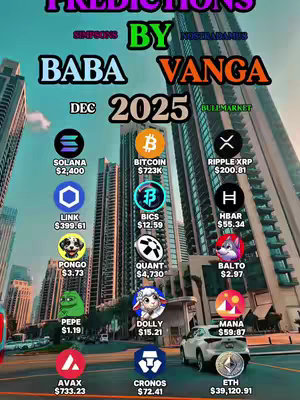 The cover image features a cityscape with various cryptocurrency logos and price predictions overlaid. Text includes "PREDICTIONS BY BABA VANGA" with several cryptocurrency logos arranged below. The background is a blurred cityscape.