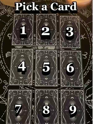 The image shows a tarot card reading layout with nine cards arranged in a 3x3 grid on a dark background with celestial or zodiac-themed patterns. The text overlay reads "Pick a Card" in a bold, white font at the top of the image. Each card in the grid is numbered 1 through 9 in a large, white font.