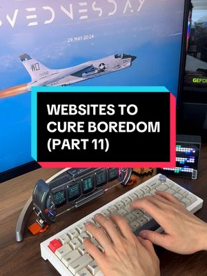 The cover image shows a person typing on a keyboard, with a computer screen displaying a flight simulator game in the background. The screen is branded with 'WEDNESDAY' at the top and '29 MAY 2024' at the middle. A text overlay with the text, 'WEBSITES TO CURE BOREDOM (PART 11)' sits in front of the screen. Peripheral devices such as speakers are also in the frame.