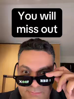 A man wearing black sunglasses with the text "I SEE" and a logo reflected, while a text overlay above his head reads "You will miss out."