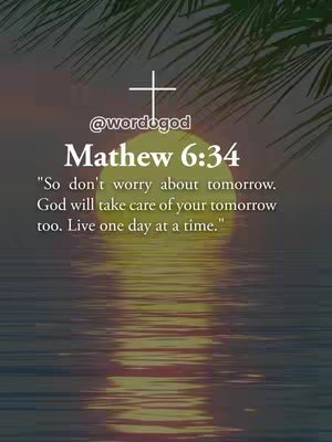 A tranquil image features a sunset over a calm body of water, possibly a lake or ocean. The sky transitions from a warm orange at the horizon to a pale blue at the top, with a slight reflection of the sun's light on the water. Above, there's a simple white cross and the text, accompanied with a bible verse.