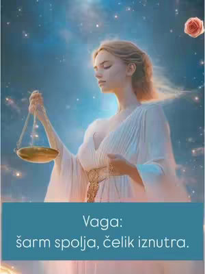 The image depicts a celestial scene with a woman dressed in white, holding scales. She's the focal point against a backdrop of a starry sky with a blue and purple gradient. A rose is in the corner.