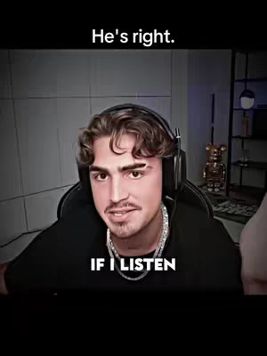 The cover image features a young man with curly brown hair, wearing headphones and a black shirt. The overlay text, "He's right.", is positioned at the top, with "IF I LISTEN" at the bottom. The background is dark, suggesting a dimly lit room. There is a background that possibly is a wall.  In the background, there is a bear figure. The overall composition may indicate a reaction video.