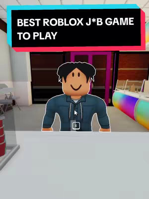 The image shows a screen capture from the Roblox game, featuring a cartoon avatar of a person in a blue jacket. A text overlay near the top says 'BEST ROBLOX J*B GAME TO PLAY.' The background shows a stylized interior with purple doors and colorful accents.