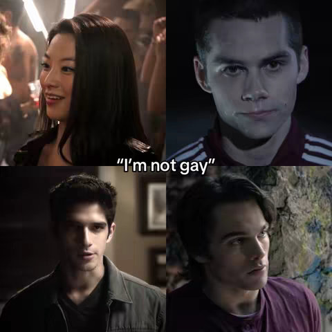 A grid of four images of actors from the show "Teen Wolf". The top left image is of a smiling Kirayukimura in a crowded setting. The top right image is of Stiles Stilinski with a serious expression. The bottom left image is of Scott McCall. The bottom right is of Theo Raeken. The text overlay says "I'm not gay".