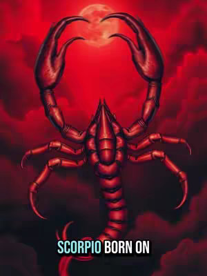 A stylized image dominated by shades of red. In the foreground, a detailed illustration of a scorpion is visible, with its segmented body, claws, and stinger clearly defined. The scorpion is positioned centrally, with its claws raised in an arch towards the top. The background depicts a cloudy, reddish sky with a bright, orb-like light in the center suggesting a moon. At the bottom, text in a white sans-serif font that reads 'SCORPIO BORN ON'.
