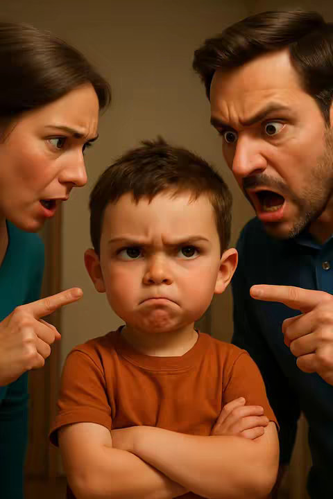 The cover image shows a family with an emotional scene. Two adults, a man and a woman, are on either side of a child. Both adults are pointing their fingers at the child, with angry expressions and open mouths. The child, in the center, has a disgruntled face with arms crossed. The background appears to be a simple beige or light-colored wall, and all the people are in indoor lighting.