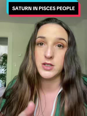 The cover photo shows a woman with long brown hair, facing the camera and speaking. Above her head, a rectangular text overlay reads 'SATURN IN PISCES PEOPLE' in a white sans-serif font against a dark teal and red background. The background appears to be indoors.