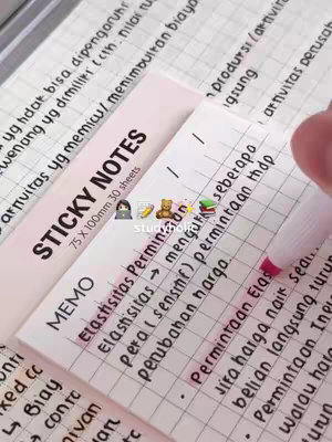 The cover image is a close-up shot of sticky notes and handwritten text. The notes have a pale pink background with the words 'STICKY NOTES' written in a bold, black font. The notes are on top of a white grid-lined paper. The main text outlines a study topic with red highlighting. The overall composition is clean and organized, with a focus on study notes.