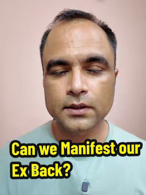 A middle-aged man with a shaved head and a light green shirt is the focus. His eyes are closed, and he appears to be in a meditative or contemplative state. The background is a solid peach color, and a text overlay at the bottom of the image asks, 'Can we Manifest our Ex Back?' The text is in yellow with a black outline.