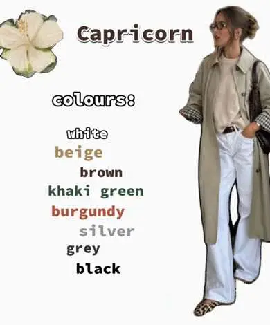 The image is a stylized visual presentation. On the right, a woman in a beige coat and white pants stands against a white background. The coat and pants are neutral in color, and she wears a light-colored sweater. She is wearing sunglasses, with her hair mostly up. A black purse hangs on her shoulder. A flower graphic is in the upper left corner, and text overlays describe "Capricorn" and lists a series of colors associated with the zodiac sign -- white, beige, brown, khaki green, burgundy, silver, grey, and black.
