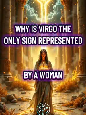 An artistic digital illustration features a woman in a flowing gown standing with a halo of light behind her; text overlays provide information about the astrological sign of Virgo. Pillars and foliage frame the background, creating a sense of spirituality.