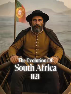 A man in historical clothing rows a boat with a Portuguese flag in the background. Text overlaid reads, 'The Evolution Of: South Africa 1121'. The man wears a hat, a dark cape, a buttoned shirt, and has a serious expression with a beard.