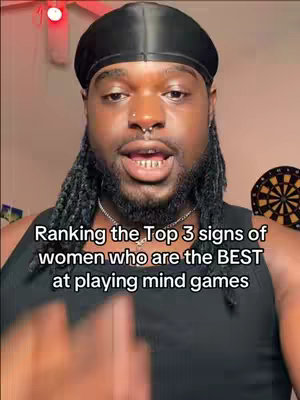A close-up shot features a Black man with short dreadlocks, a black durag, and a tank top. The man is looking and talking directly at the camera with a neutral expression. Text overlayed on the image reads: Ranking the Top 3 signs of women who are the BEST at playing mind games.