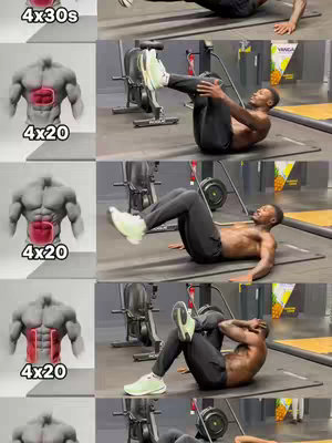 The cover image is a vertical collage showing a man performing different types of ab exercises. On the left side of each image, there's a 3D anatomical model highlighting targeted abdominal muscles, with text indicating sets and reps. The man is shown on a workout mat in a gym setting, and the image is composed of multiple shots that are shown sequentially.